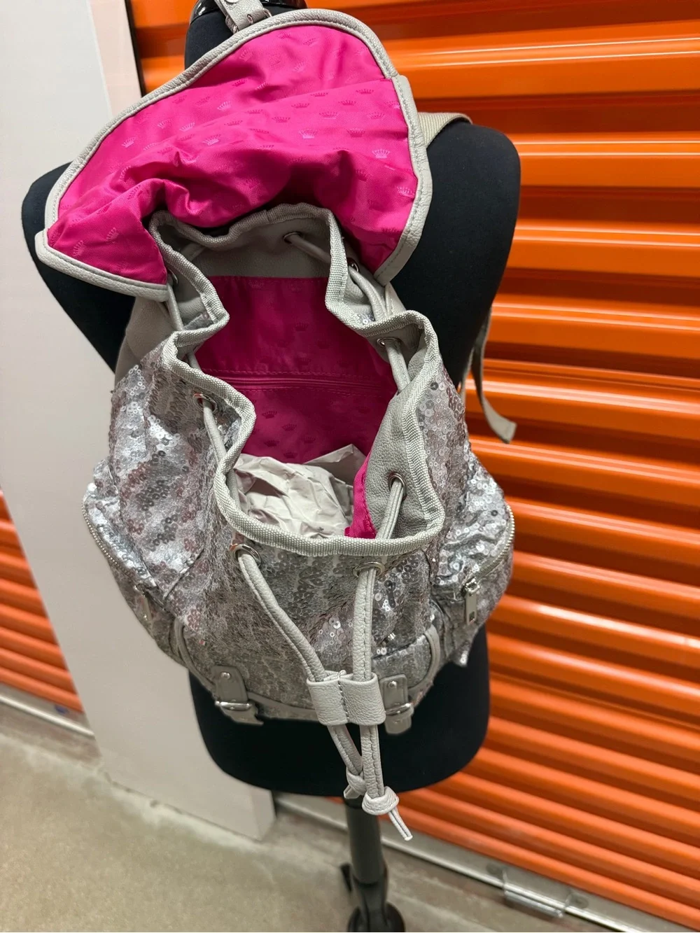 NWT Juicy Couture Silver Sequin Backpack with Buckle Details